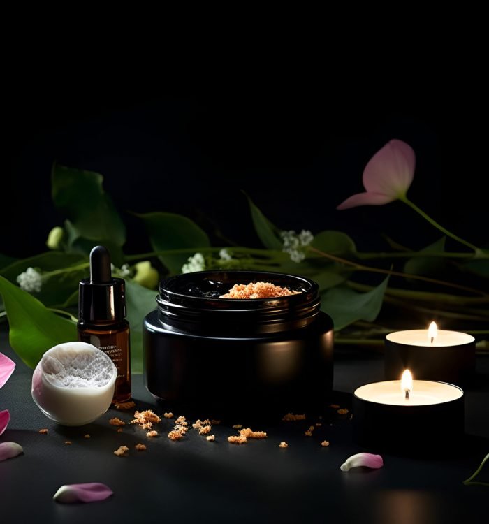 Beautiful spa composition on dark background. Natural skincare cosmetic products. Generative AI content